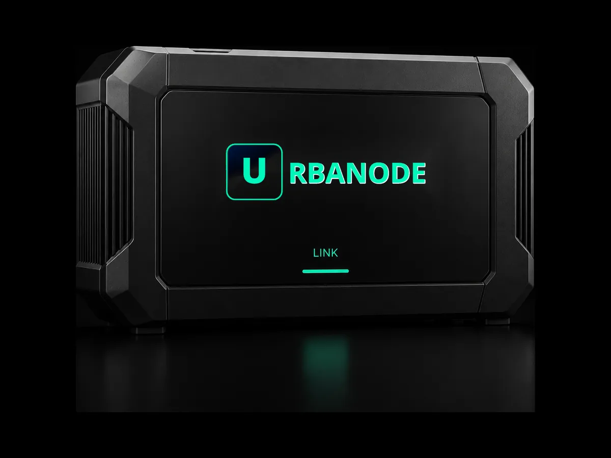 The LINK, a landscape black enclosure with reinforced corners and vents on both sides. On the front, the URBANODE logo, the name LINK and a mint bar of light beneath it.