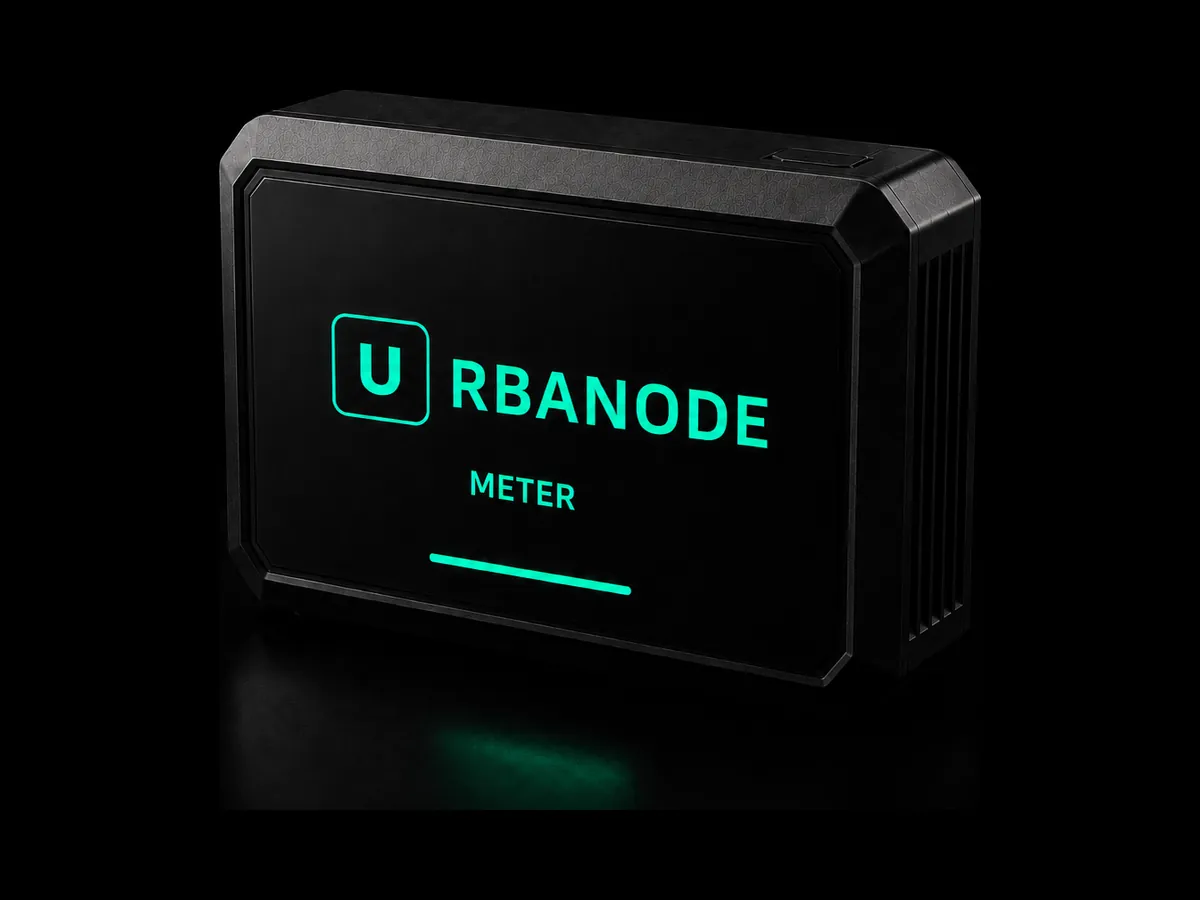The METER, a landscape black enclosure seen at three quarters, with vents on its right side. On the front, a large URBANODE logo, the name METER and a mint bar of light beneath it.