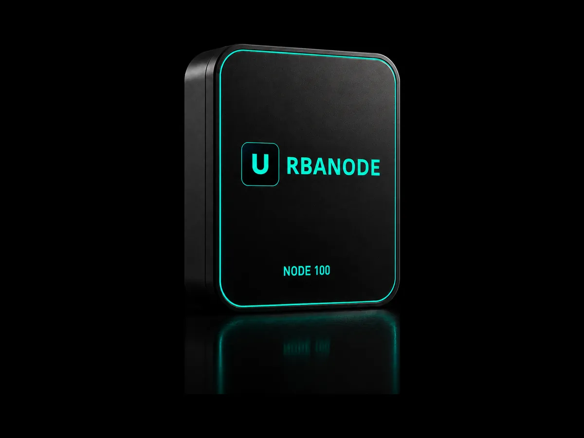 The NODE 100, a compact square black enclosure seen at three quarters against a dark background. Its front carries a mint outline of light, the URBANODE logo and, below it, the name NODE 100.