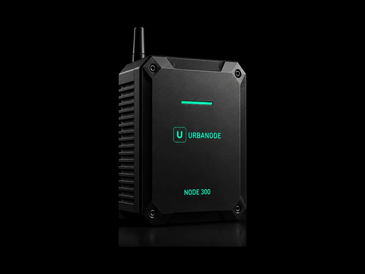The NODE 300, an upright black enclosure seen at three quarters, with cooling fins along its left side, a short antenna on top and screws at the four corners of its face. On the front, a mint bar of light, the URBANODE logo and the name NODE 300.