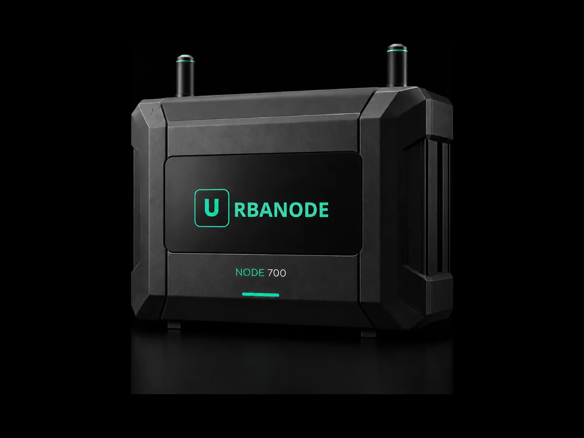 The NODE 700, a wide, solid black enclosure with reinforced corners and two antennas on top. On the front, the URBANODE logo, the name NODE 700 and a mint bar of light beneath it.