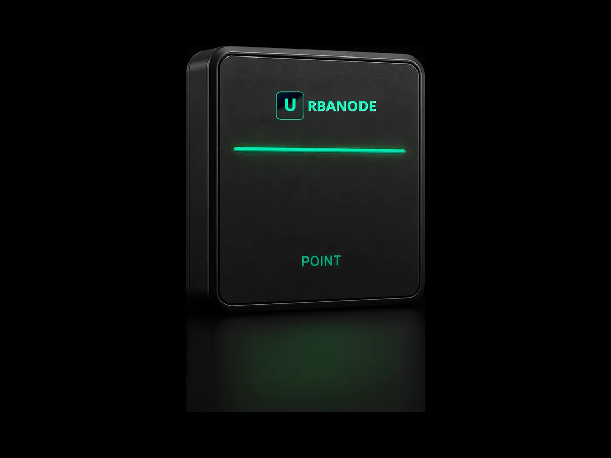 The POINT, a flat square wall module in black with rounded edges. A mint line of light runs across it, with the URBANODE logo above and the name POINT below.