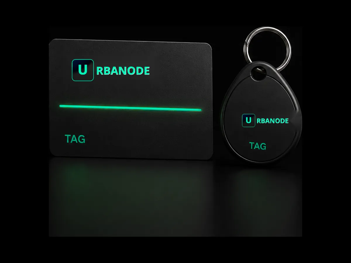 The two shapes of the TAG, side by side: a black card the size of a credit card and a black fob with a metal ring. Both carry the URBANODE logo, a mint line of light and the name TAG.